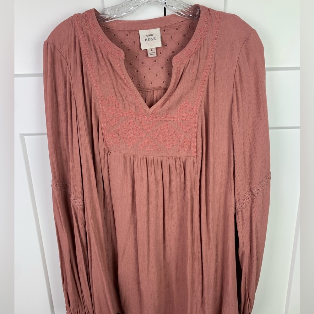 Knox Rose L Boho Blouse Pink Embroidered Johnny Tunic Western Hippie Festival - Picture 3 of 9